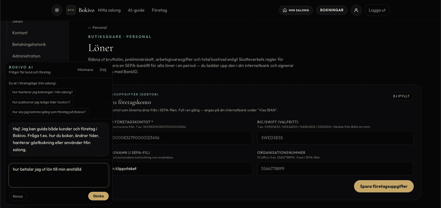 Lönesida med företagsuppgifter och AI-assistent.